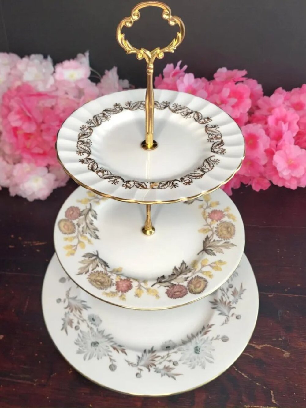 Vintage English Bone China 3-Tier Cake Stand Mismatched Floral Collectible Handm